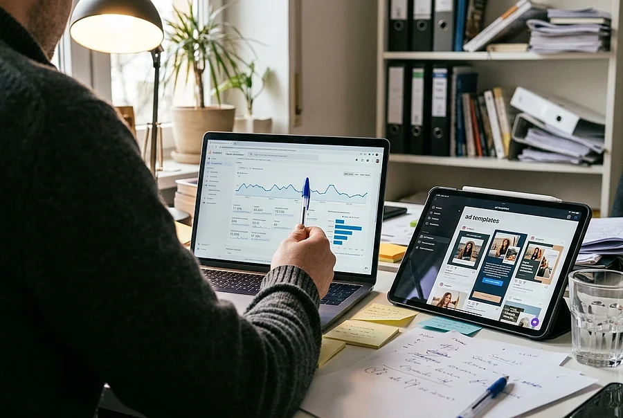 Laptop mit Webanalyse-Dashboard und Tablet mit Anzeigen-Templates am Arbeitsplatz