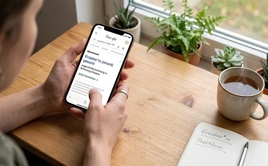 Smartphone mit einer Google-Suchanzeige für eine Erzieher*innen-Stelle bei einer Jugendhilfeeinrichtung